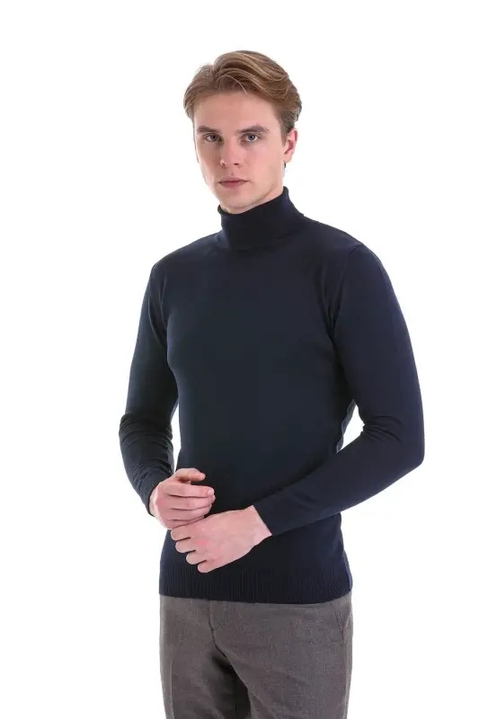 Navy Comfort Fit Plain Crew Neck Wool Knit Sweater-Navy - 1