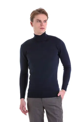 Navy Comfort Fit Plain Crew Neck Wool Knit Sweater-Navy - HATEMOĞLU (1)