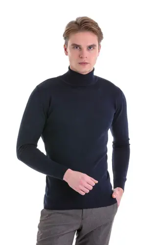 Navy Comfort Fit Plain Crew Neck Wool Knit Sweater-Navy - 3