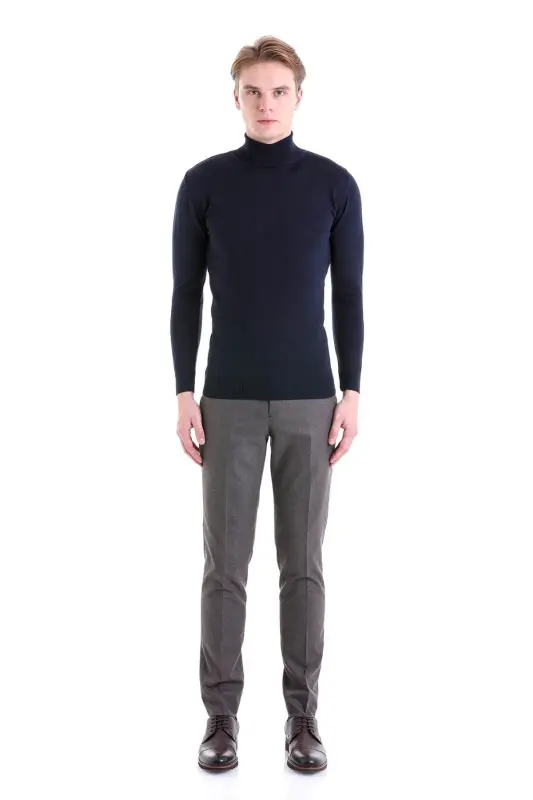 Navy Comfort Fit Plain Crew Neck Wool Knit Sweater-Navy - 5