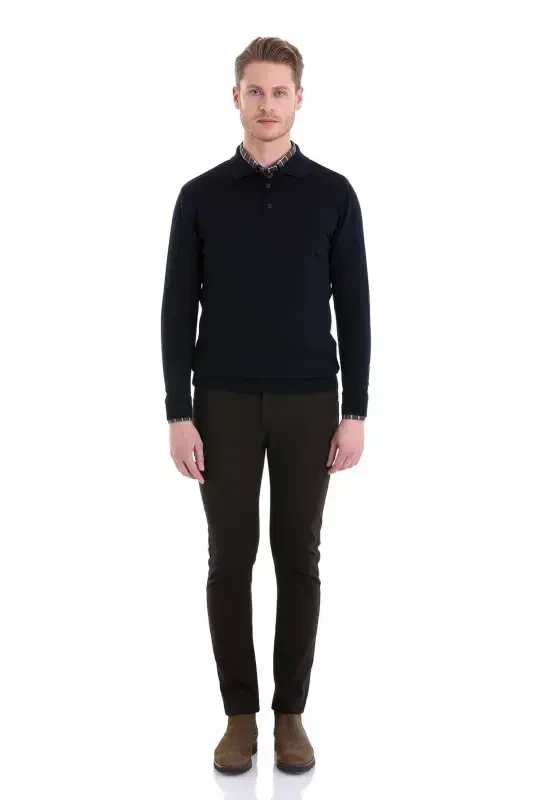 Navy Comfort Fit Plain Polo Collar Woolen Wool Sweater-Navy - 3