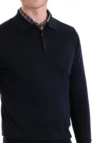 Navy Comfort Fit Plain Polo Collar Woolen Wool Sweater-Navy - 4