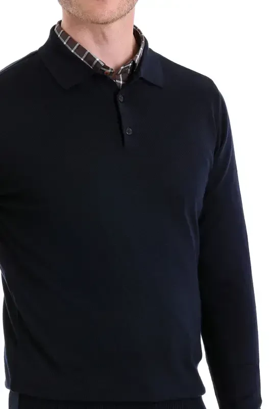 Navy Comfort Fit Plain Polo Collar Woolen Wool Sweater-Navy - 4