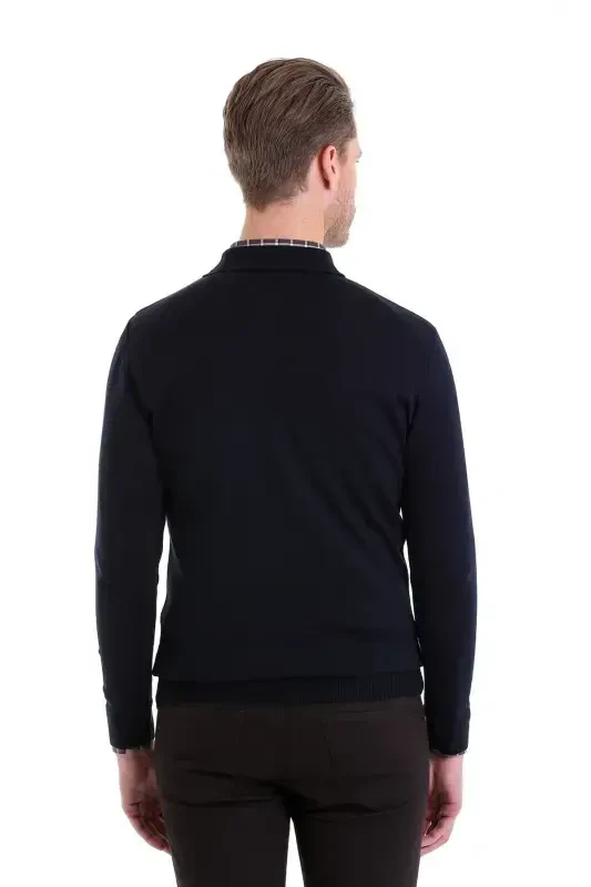 Navy Comfort Fit Plain Polo Collar Woolen Wool Sweater-Navy - 5