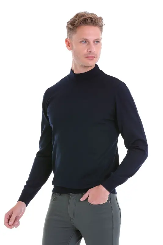 Navy Comfort Fit Plain Turtleneck Woolen Wool Sweater-Navy - 2