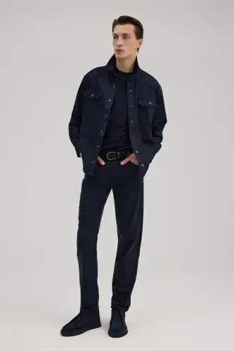 Navy Comfort Fit Pocketed Cotton Denim Shirt - 1