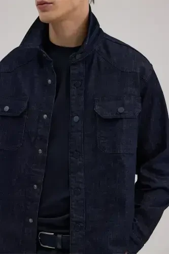 Navy Comfort Fit Pocketed Cotton Denim Shirt - 3