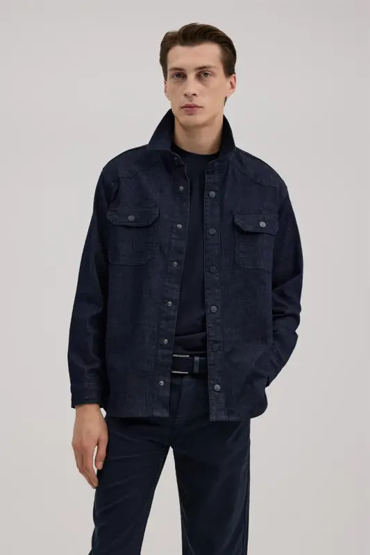 Navy Comfort Fit Pocketed Cotton Denim Shirt - 2