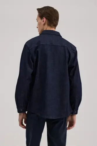 Navy Comfort Fit Pocketed Cotton Denim Shirt - 4