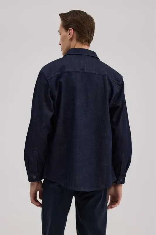 Navy Comfort Fit Pocketed Cotton Denim Shirt - 4
