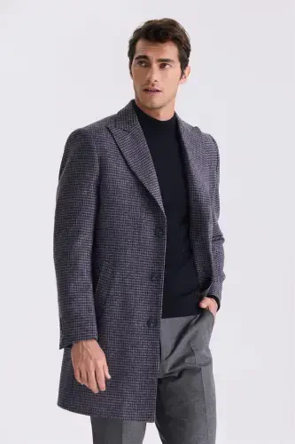 Navy Comfort Fit Pointed Collar Plaid Patterned Wool Cashmere Coat - 1