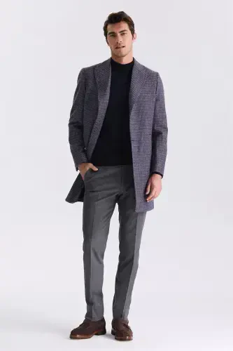 Navy Comfort Fit Pointed Collar Plaid Patterned Wool Cashmere Coat - JAKAMEN (1)