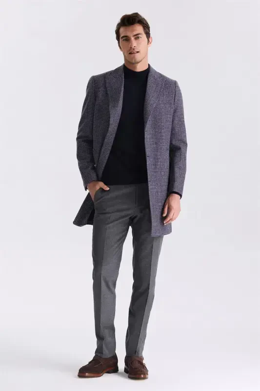 Navy Comfort Fit Pointed Collar Plaid Patterned Wool Cashmere Coat - 2