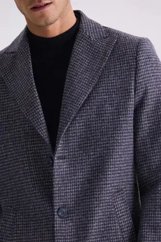 Navy Comfort Fit Pointed Collar Plaid Patterned Wool Cashmere Coat - 3