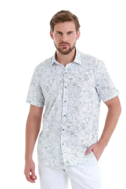 Navy Comfort Fit Printed 100% Cotton Slim Collar Short Sleeve Shirt-Navy - 1