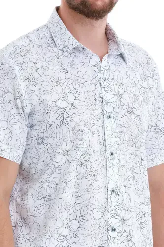 Navy Comfort Fit Printed 100% Cotton Slim Collar Short Sleeve Shirt-Navy - 6