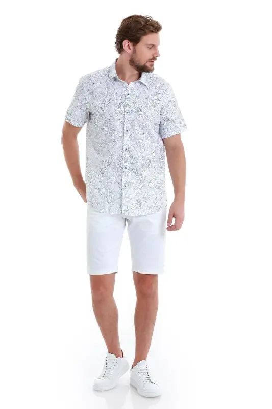 Navy Comfort Fit Printed 100% Cotton Slim Collar Short Sleeve Shirt-Navy - 2