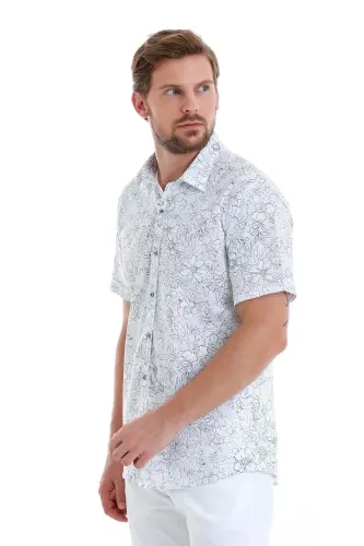 Navy Comfort Fit Printed 100% Cotton Slim Collar Short Sleeve Shirt-Navy - 3