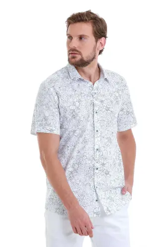 Navy Comfort Fit Printed 100% Cotton Slim Collar Short Sleeve Shirt-Navy - 4