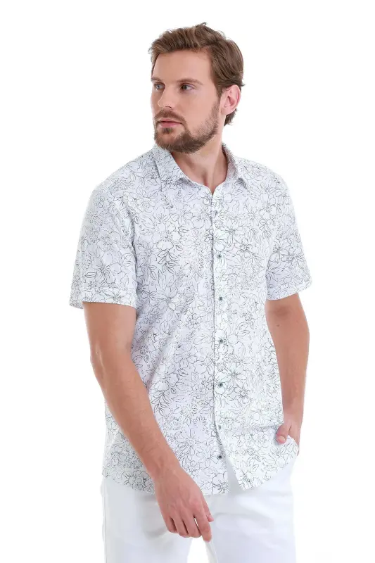 Navy Comfort Fit Printed 100% Cotton Slim Collar Short Sleeve Shirt-Navy - 4