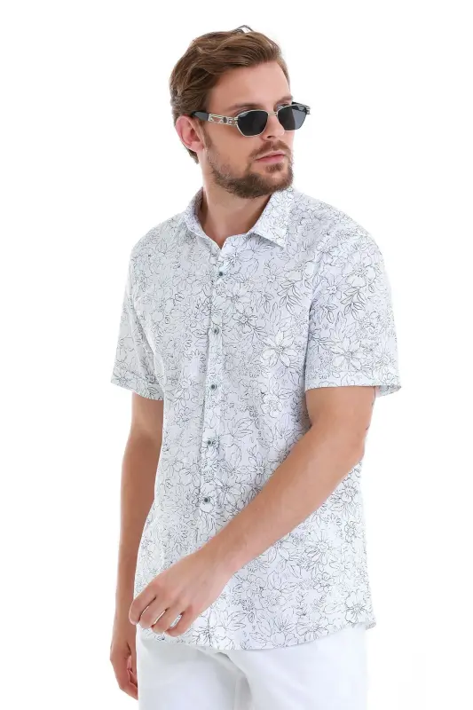 Navy Comfort Fit Printed 100% Cotton Slim Collar Short Sleeve Shirt-Navy - 5