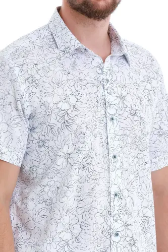 Navy Comfort Fit Printed 100% Cotton Slim Collar Short Sleeve Shirt-Navy - 6