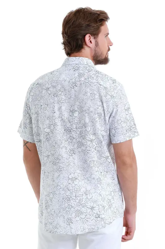 Navy Comfort Fit Printed 100% Cotton Slim Collar Short Sleeve Shirt-Navy - 7
