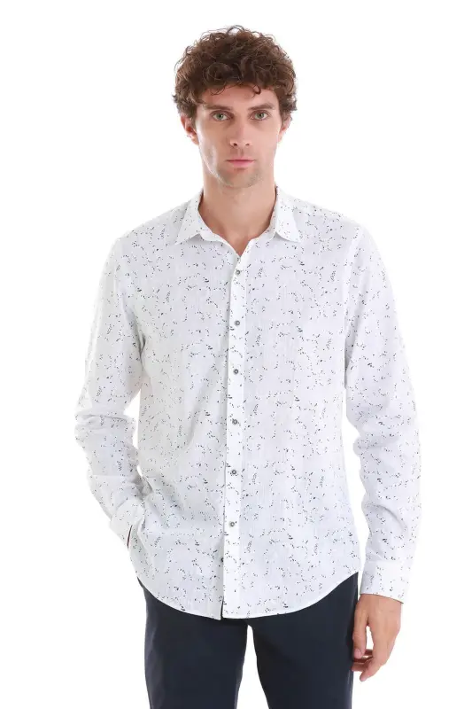 Navy Comfort Fit Printed Slim Collar Long Sleeve Sports Shirt-Navy - HATEMOĞLU