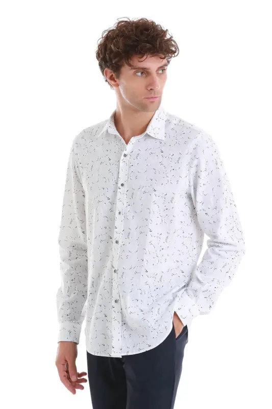 Navy Comfort Fit Printed Slim Collar Long Sleeve Sports Shirt-Navy - 3