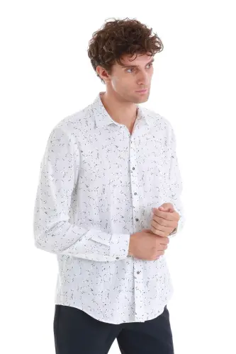 Navy Comfort Fit Printed Slim Collar Long Sleeve Sports Shirt-Navy - 5