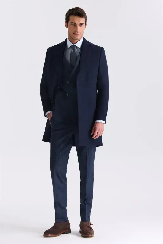 Navy Comfort Fit Single Collar Side Pocket Wool Coat - 2
