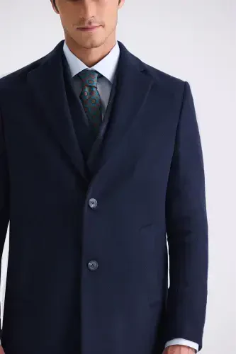 Navy Comfort Fit Single Collar Side Pocket Wool Coat - 3