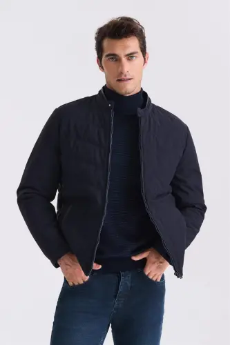 Navy Comfort Fit Stand Collar Zip Front Seasonal Jacket - 1
