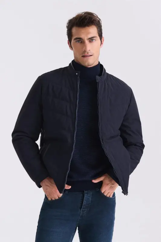 Navy Comfort Fit Stand Collar Zip Front Seasonal Jacket - 1