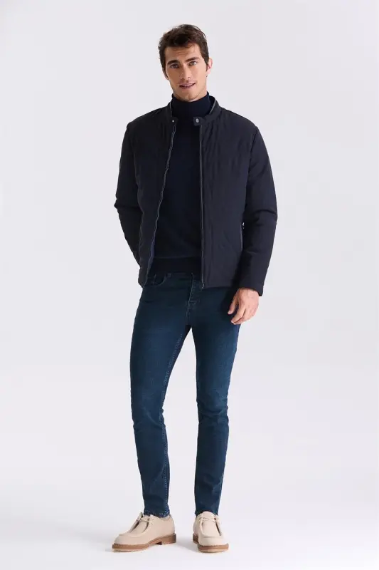 Navy Comfort Fit Stand Collar Zip Front Seasonal Jacket - 2