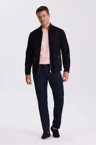 Navy Comfort Fit Stand-Up Collar Double-Sided 100% Leather Jacket - JAKAMEN (1)