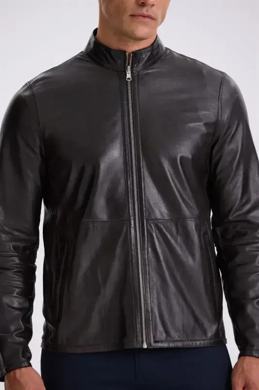 Navy Comfort Fit Stand-Up Collar Double-Sided 100% Leather Jacket - 4