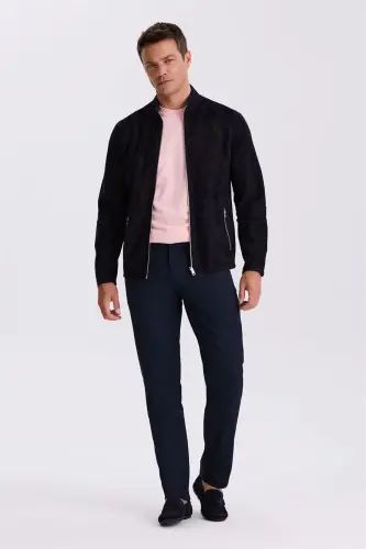 Navy Comfort Fit Stand-Up Collar Reversible 100% Leather Jacket - 1