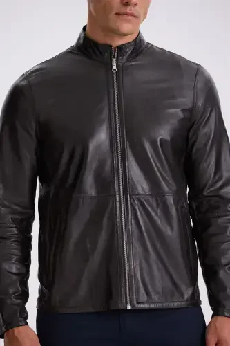 Navy Comfort Fit Stand-Up Collar Reversible 100% Leather Jacket - 4