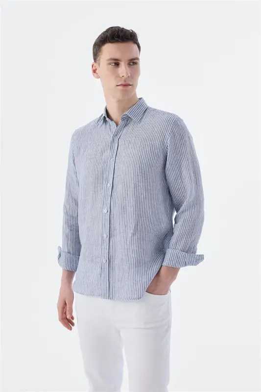 Navy Comfort Fit Striped 100% Linen Shirt - 1