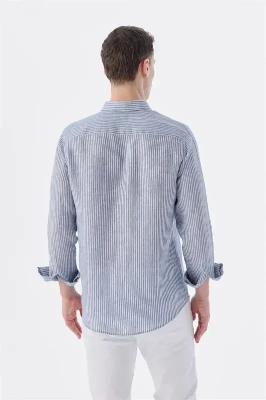 Navy Comfort Fit Striped 100% Linen Shirt - 4