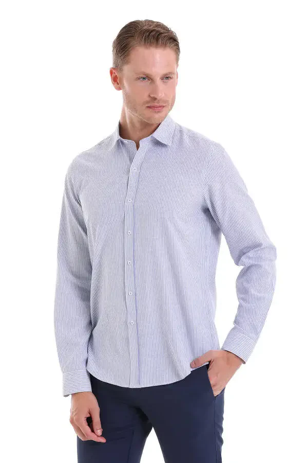 Navy Comfort Fit Striped Cotton Slim Collar Long - 1