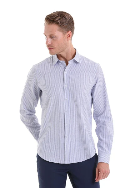 Navy Comfort Fit Striped Cotton Slim Collar Long - 3