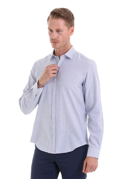 Navy Comfort Fit Striped Cotton Slim Collar Long - 4