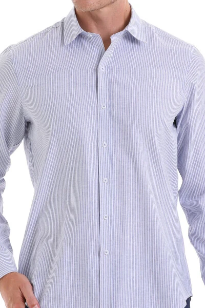 Navy Comfort Fit Striped Cotton Slim Collar Long - 5