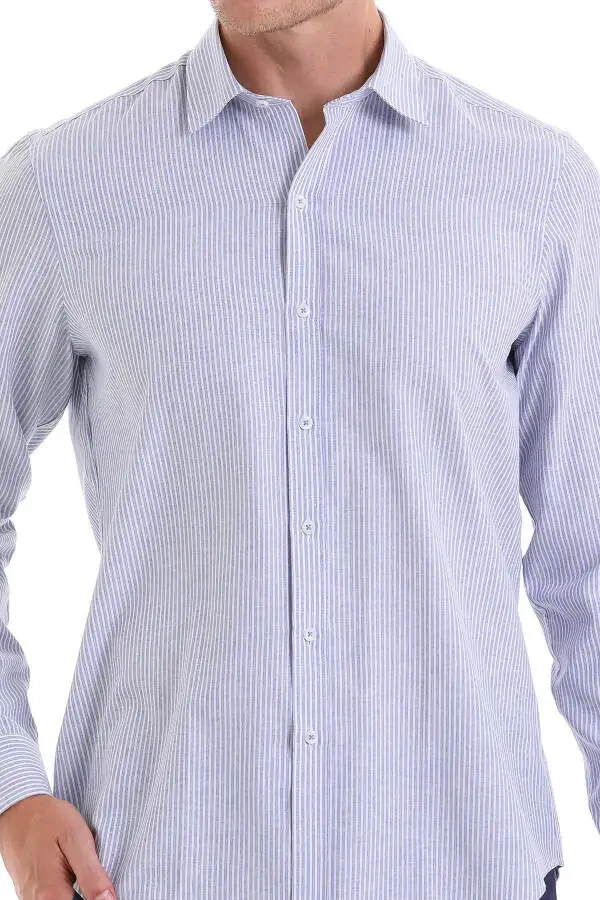 Navy Comfort Fit Striped Cotton Slim Collar Long - 5