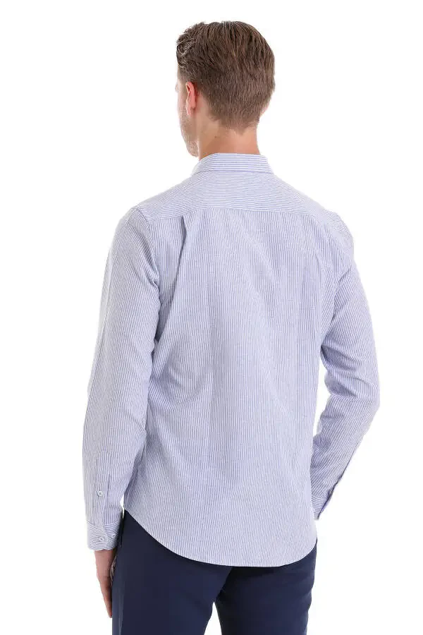 Navy Comfort Fit Striped Cotton Slim Collar Long - 6