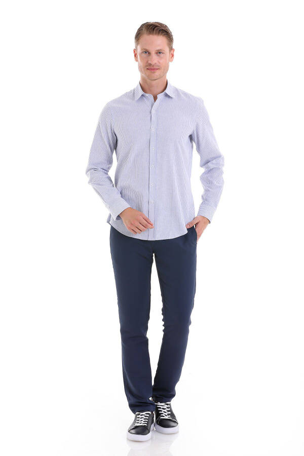 Navy Comfort Fit Striped Cotton Slim Collar Long - 2