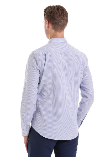 Navy Comfort Fit Striped Cotton Slim Collar Long - 6