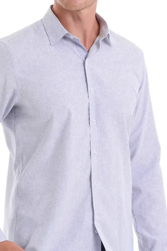 Navy Comfort Fit Striped Cotton Slim Collar Long Sleeve Casual Shirt-Navy C. - 4